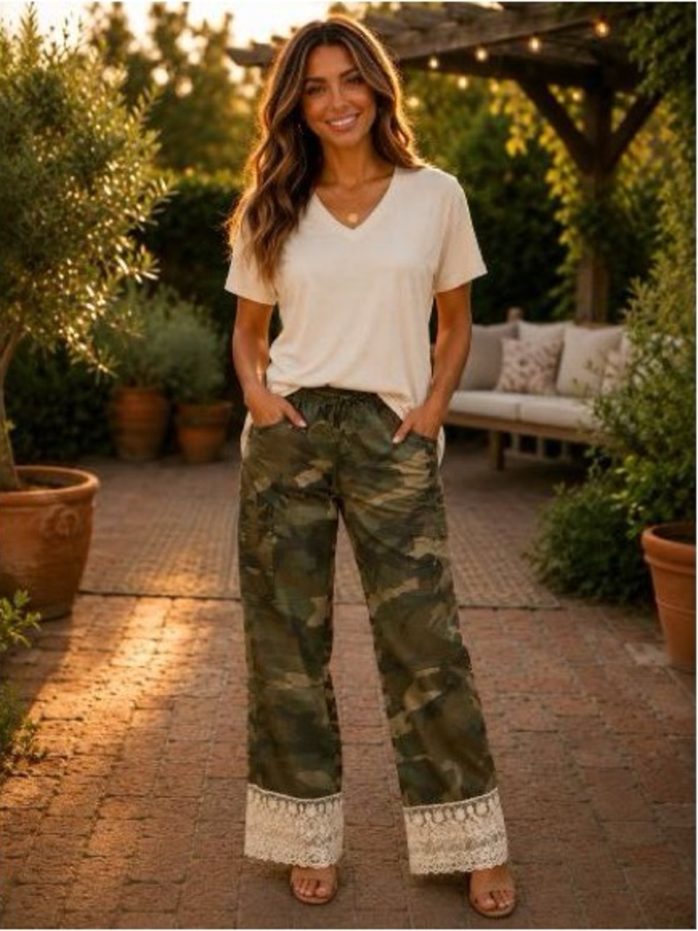 BRAND NEW WITH TAGS Camo Cargo Pants with Layered Lace Hem